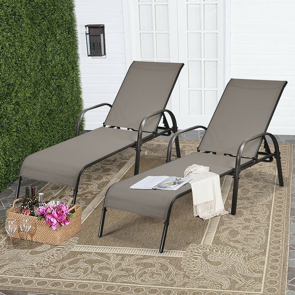 2PCS Adjustable Chaise Lounge Chair Patio Yard Outdoor w/ Armrest Brown