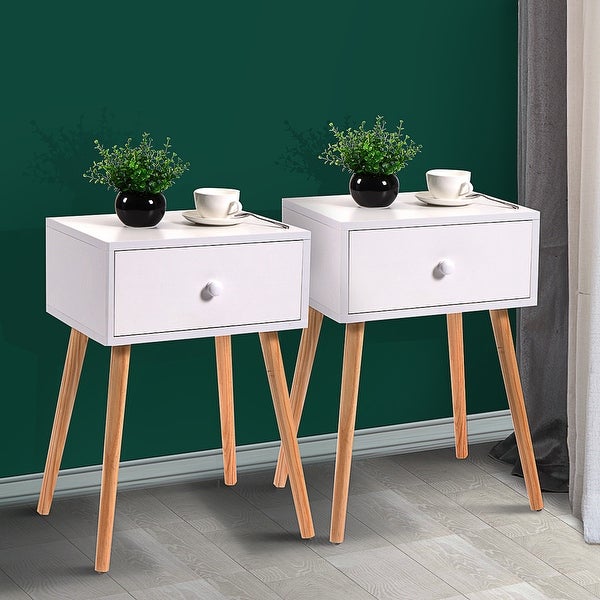 Modern Wood Nightstand /End Table with 1 Storage Drawer and 4 Solid Pinewood Legs，Set of 2