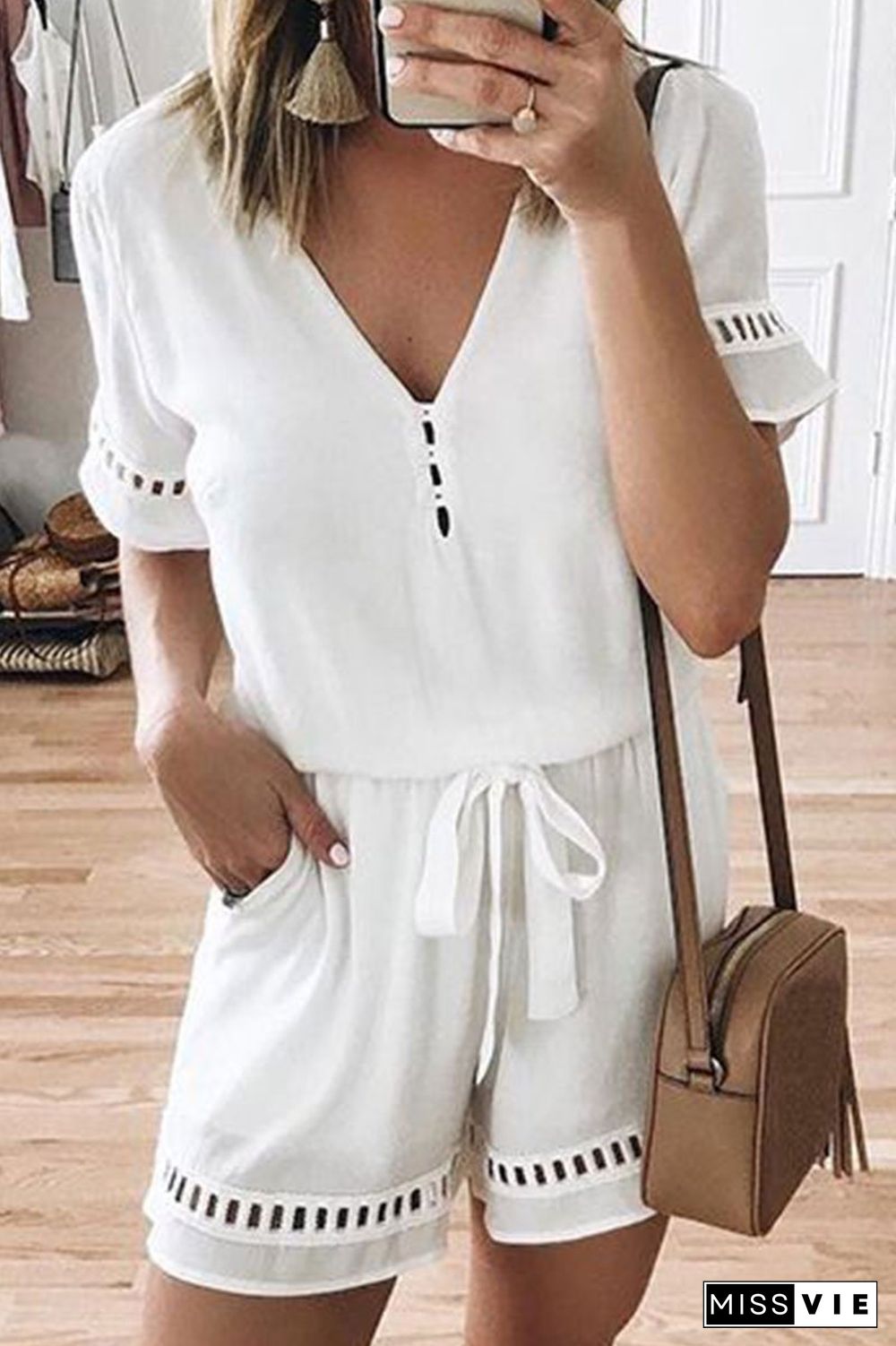 V Neck Hollow-Out Lace-Up Romper