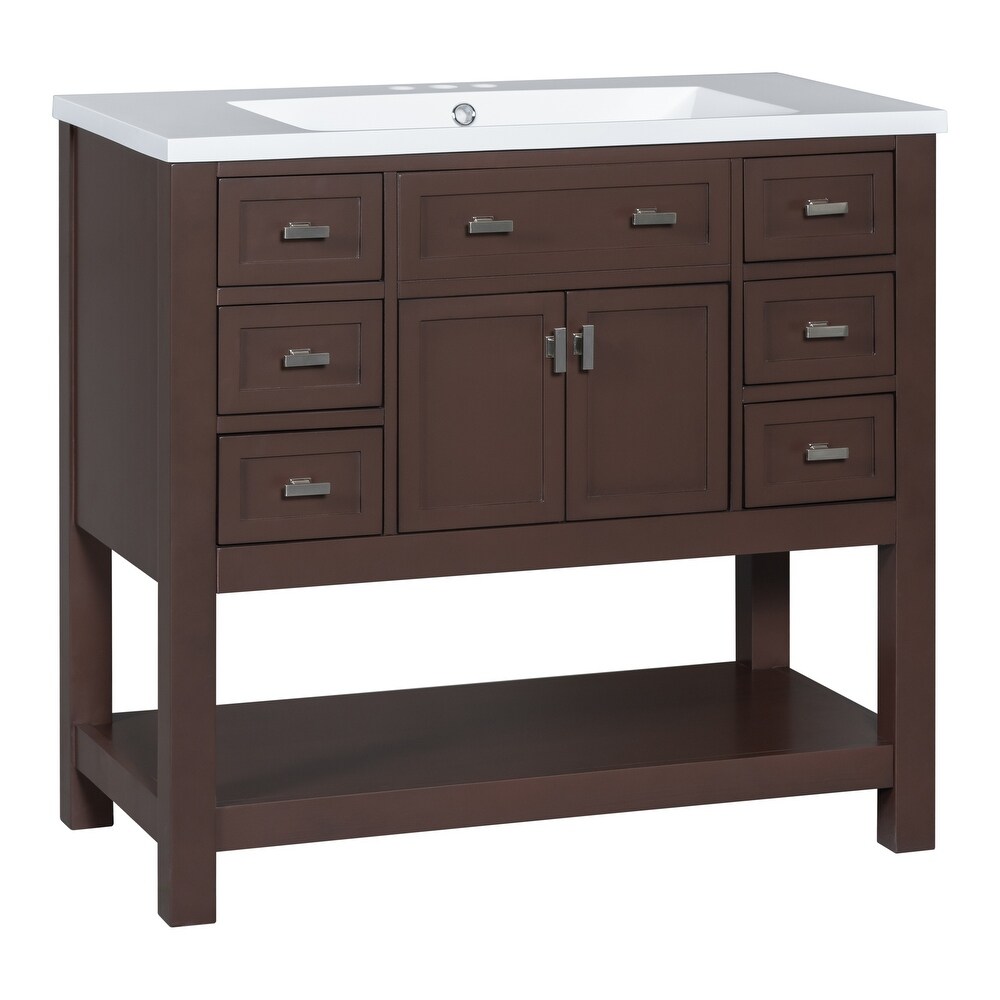 36'' Bathroom Vanity with Top Sink  Modern Bathroom Storage Cabinet with 2 Doors and 6 Drawers  Single Sink Bathroom Vanity