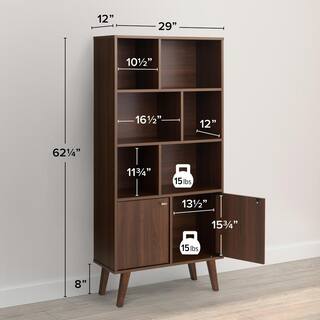 Prepac Milo Mid-Century Modern Bookcase with Inlet Shelves Two Doors and Brushed Brass-Finished Knobs Cherry CSBL-1418-1