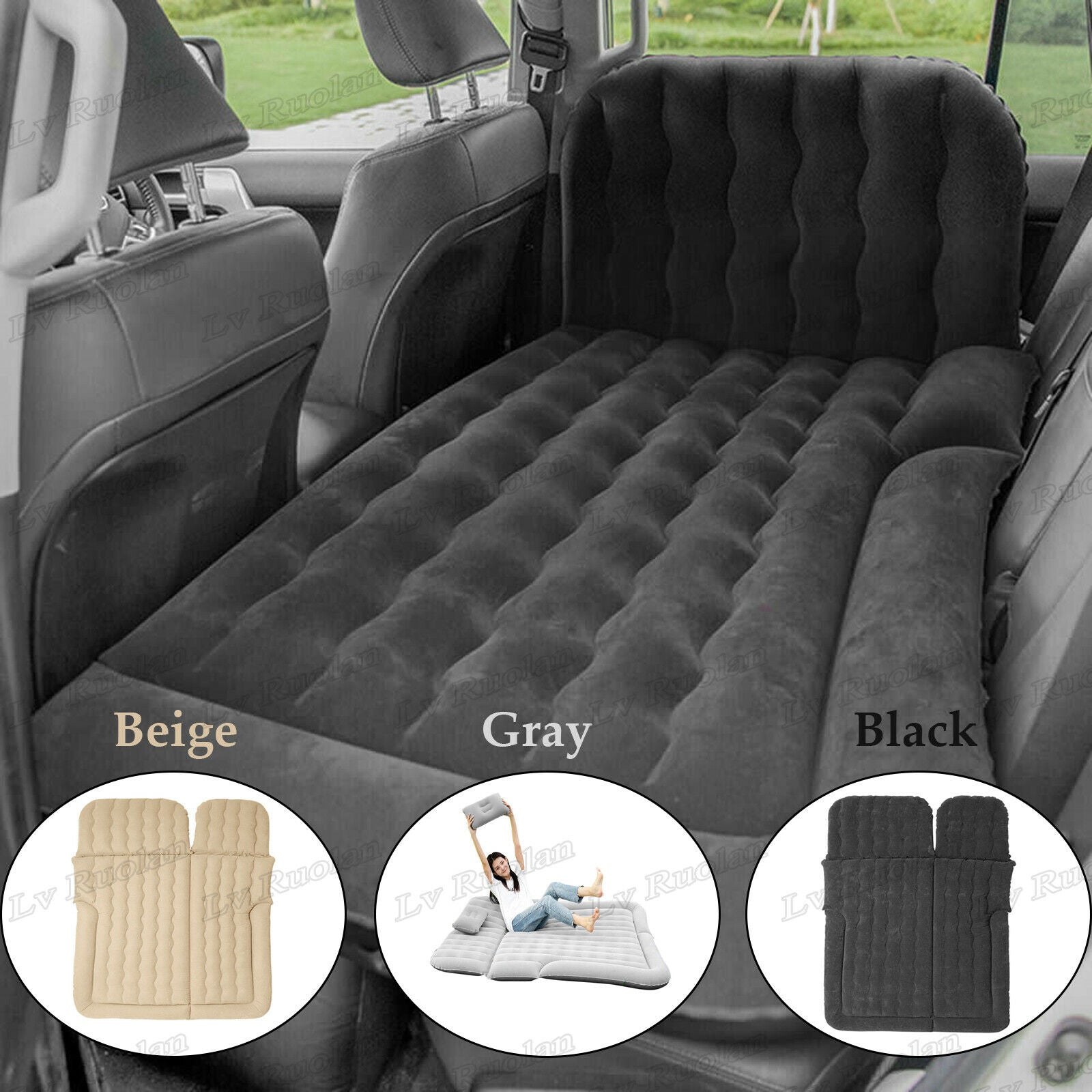 SHZICMY Car Inflatable Air Bed Travel Mattress Seat Sleep Cushion Mat Pillow Pump Camp Gray