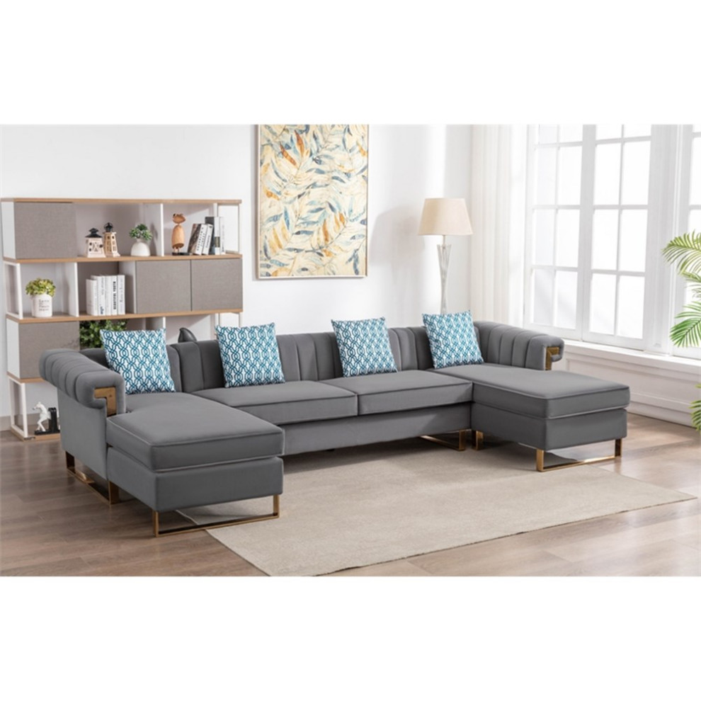 Maddie Gray Velvet 5 Seater Double Chaise Sectional Sofa Throw Pillows   Contemporary   Sectional Sofas   by Homesquare  Houzz