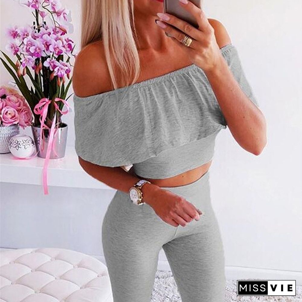 Fashion Off Shoulder Crop Top And Long Pants Two Piece Set Yoga Casual Women Outfits