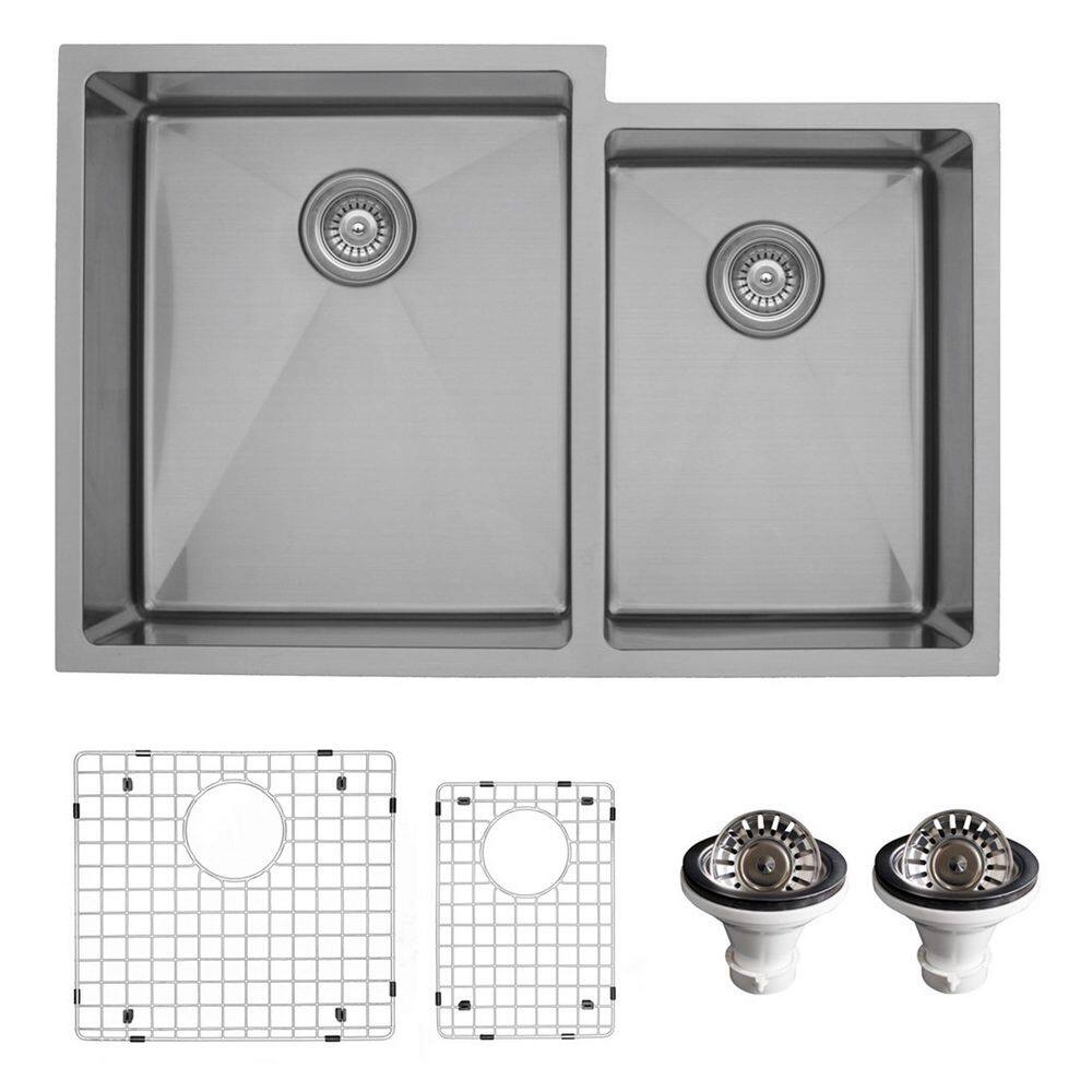 Karran 16-Gauge Stainless Steel 33 in. Double Bowl Undermount Kitchen Sink with Grid and Basket Strainer EL-78R-PK1