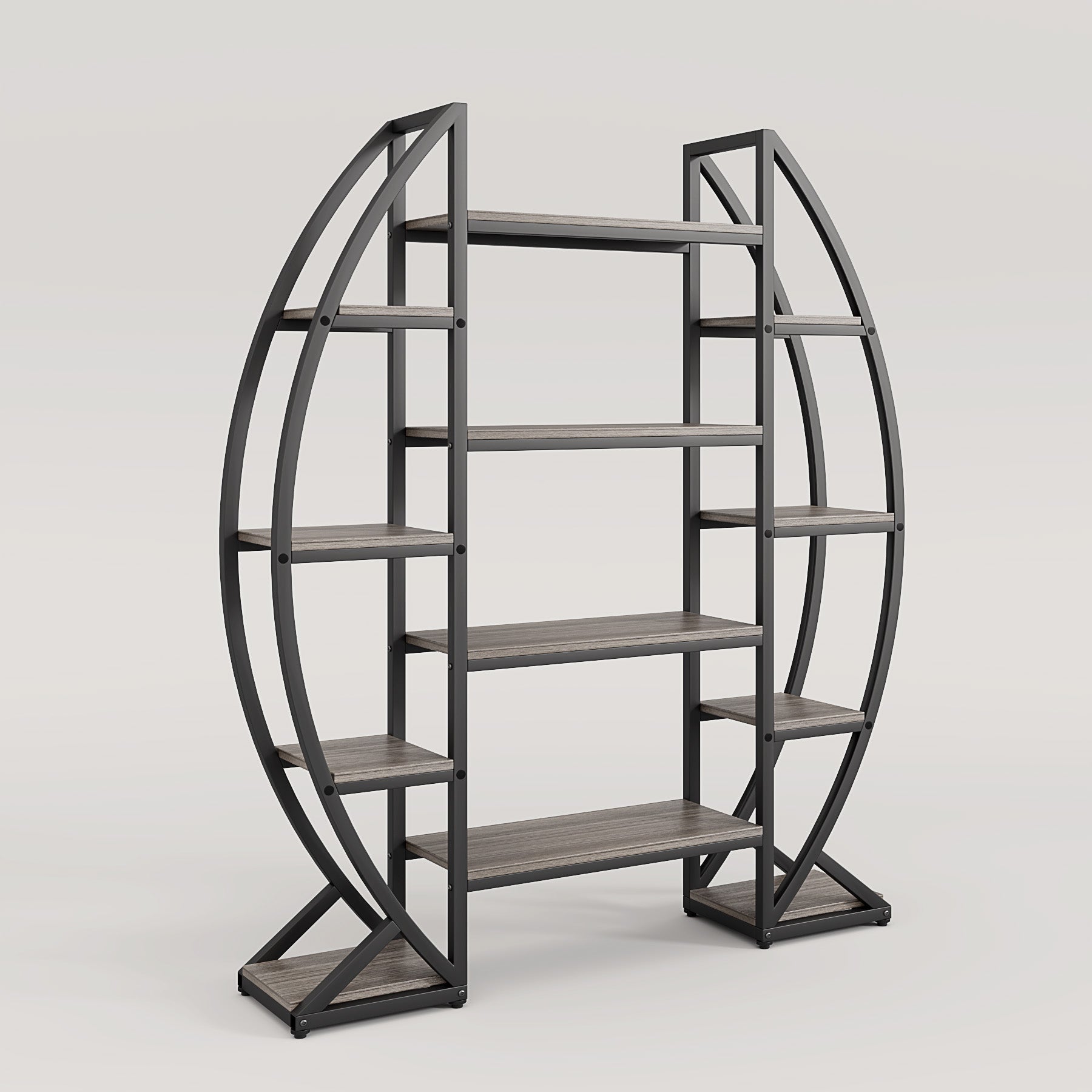 Industrial Bookshelf, Oval Triple Wide Etagere Bookcases Display Shelves