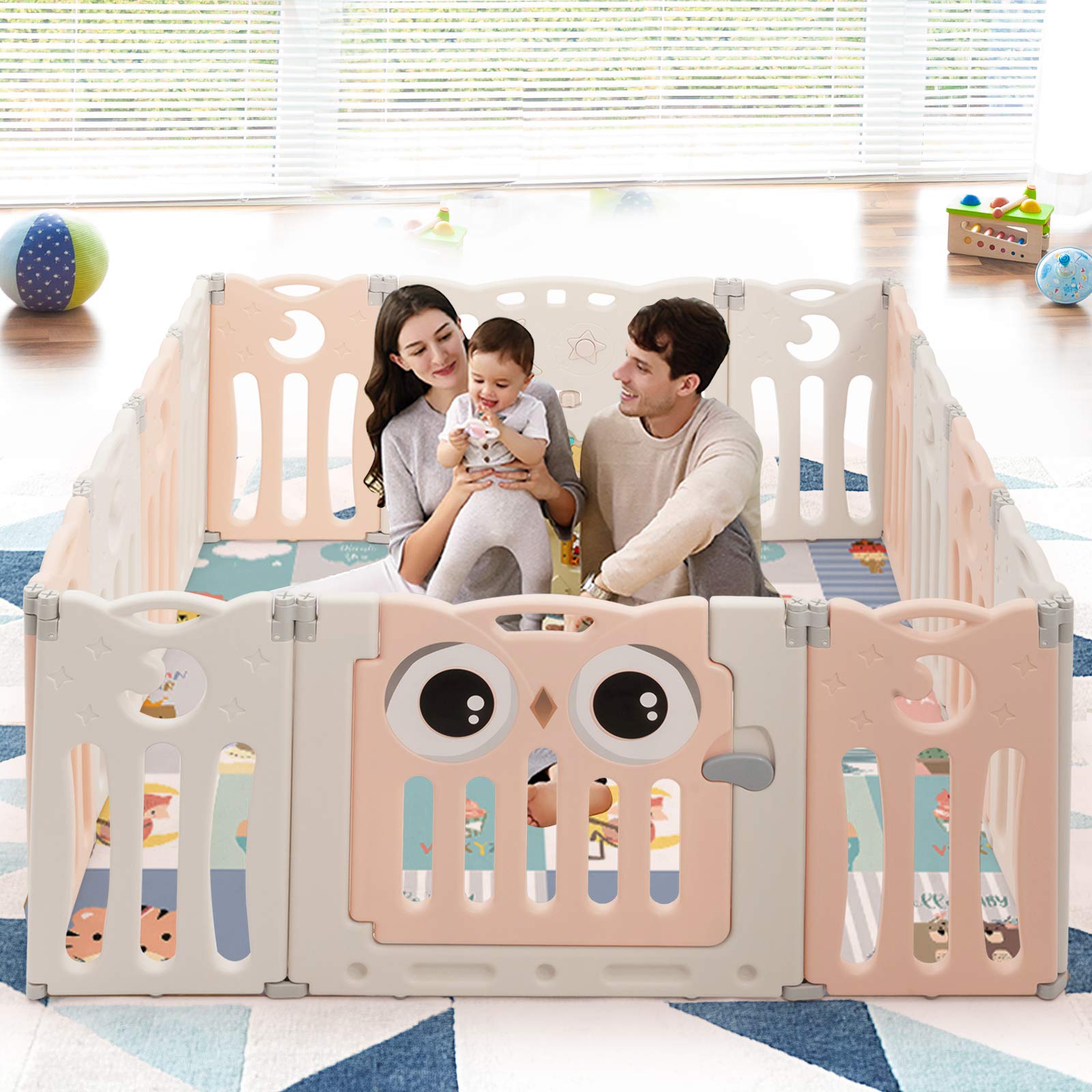 Costzon Foldable Baby Playpen, 14-Panel Baby Fence with Lock Door