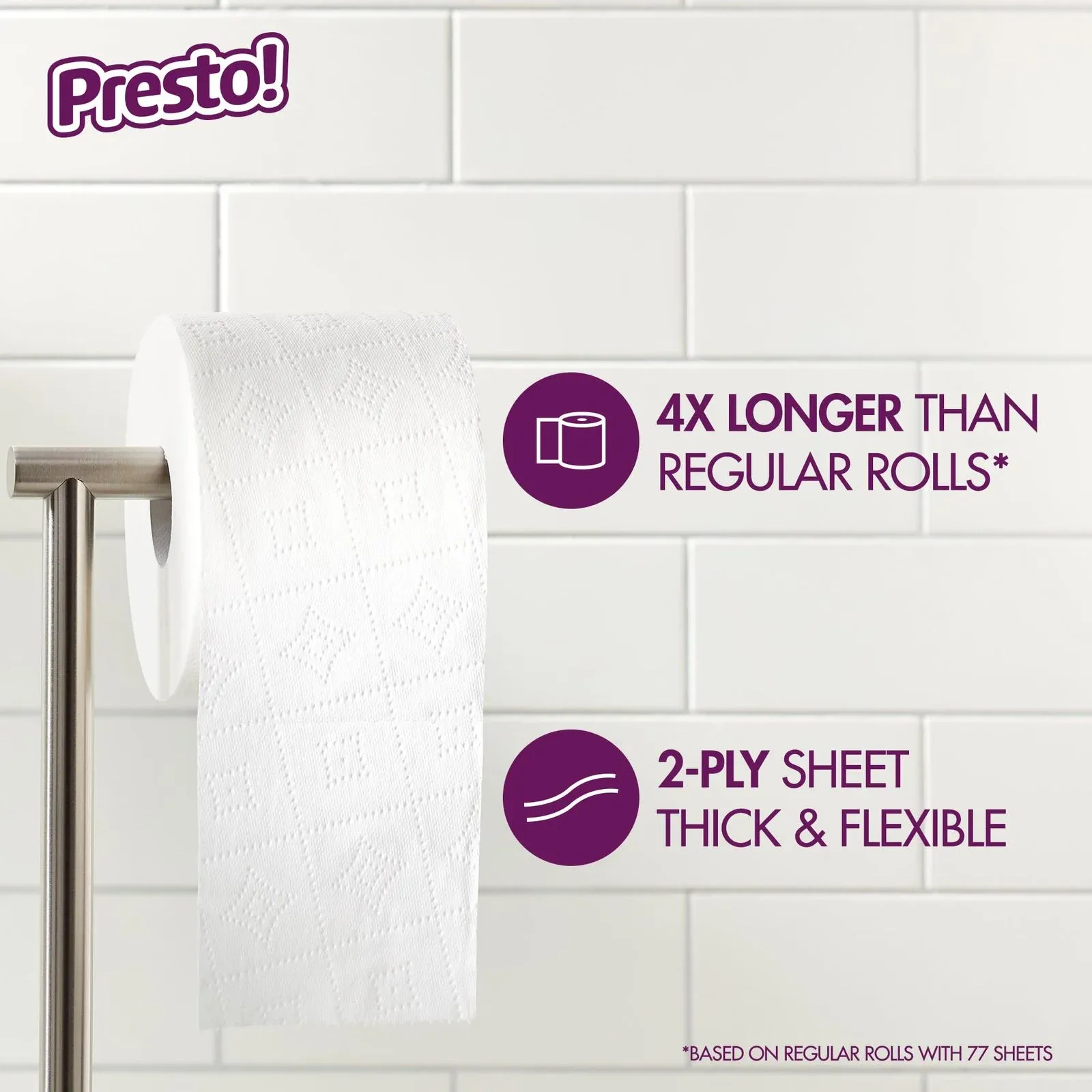 Amazon Brand – Presto! 308-Sheet Mega Roll 2-Ply Toilet Paper, Ultra-Strong, 24 Rolls (4 Packs of 6), Equivalent to 96 Regular Rolls, White