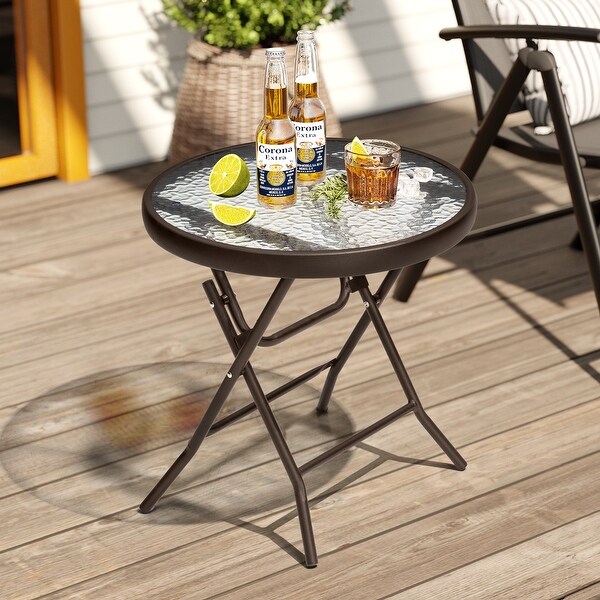 Crestlive Outdoor Side Table Patio Small Folding Table with Tempered Glass Table Top