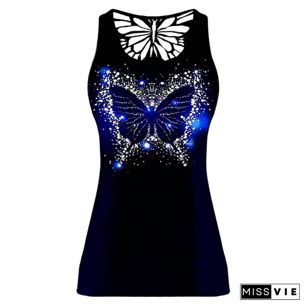 Women Fashion Butterfly 3D Print Sleeveless Shirt New Summer Back Hollow Out Vest Plus Size Tank Tops