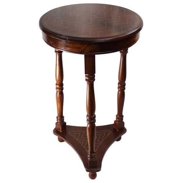 Natural Geo Rosewood Round Accent Table - Chevron Golden Brass Inlay