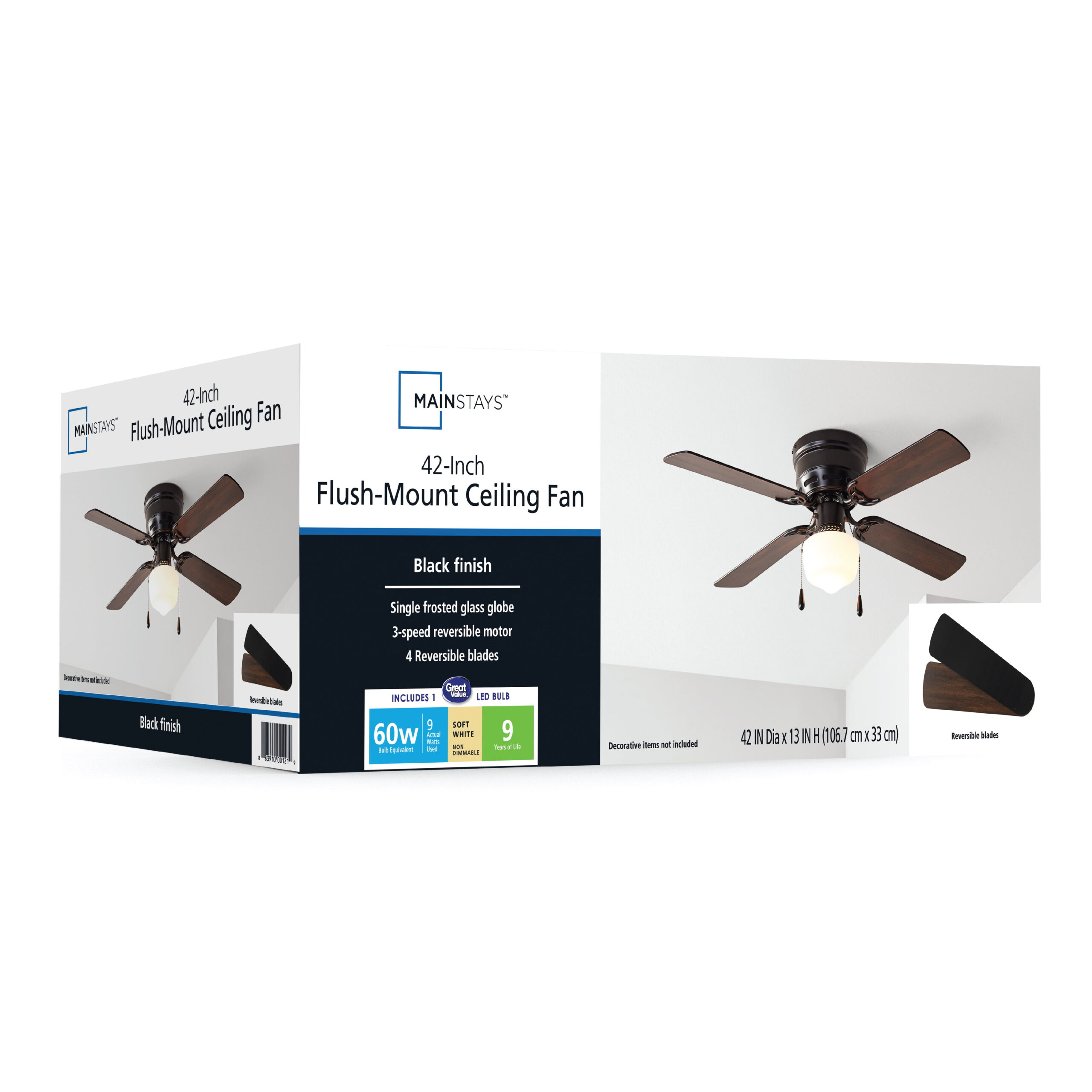 Mainstays 42 inch Hugger Indoor Ceiling Fan with Light Kit， Black， 4 Blades， Reverse Airflow