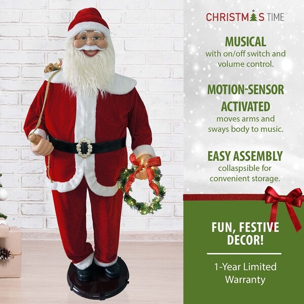 Christmas Time 58In. Traditional Dancing Santa Claus with Wreath and Gift Sack，Animated Indoor Christmas