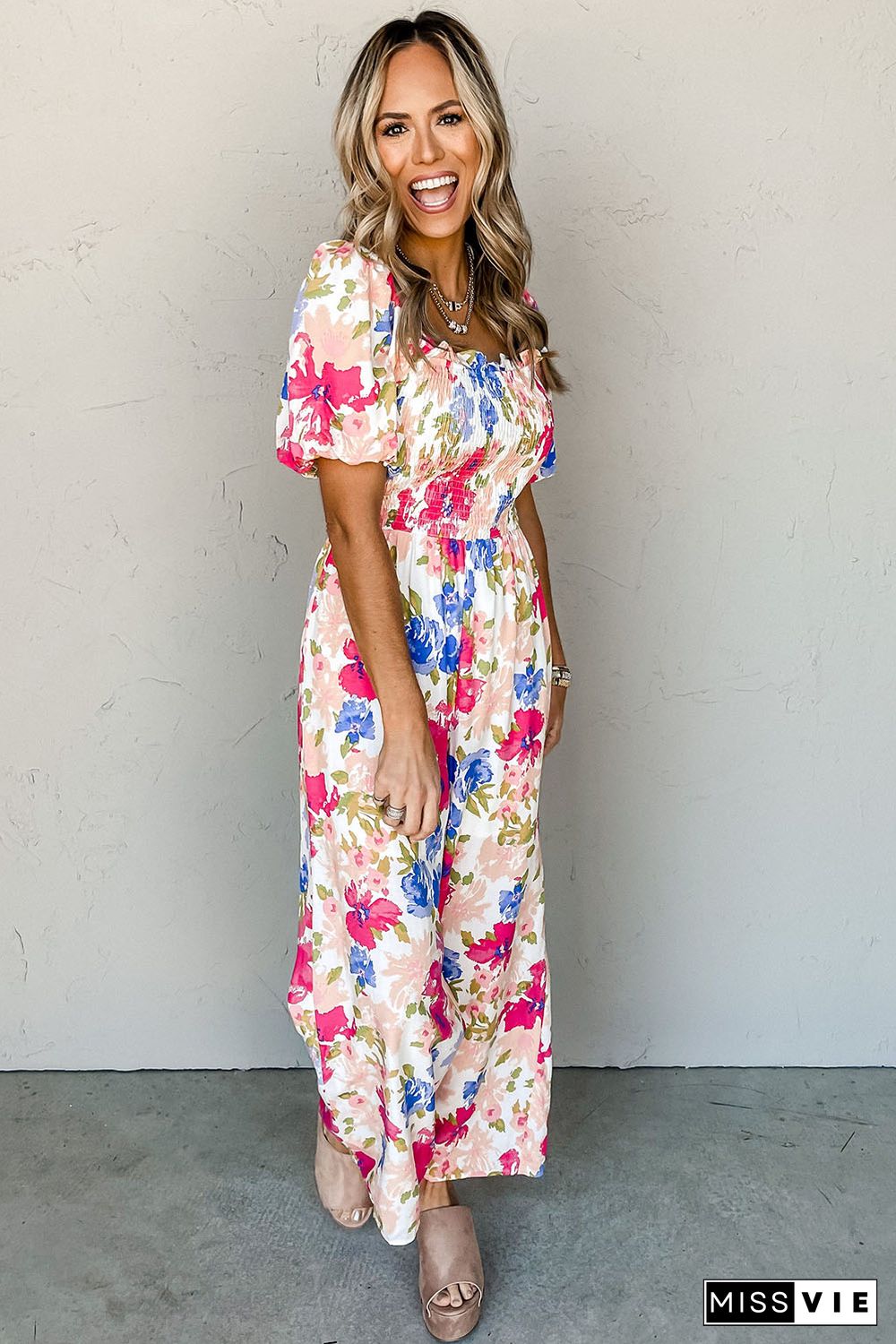 Multicolor Floral Print Smocked Puff Sleeve Jumpsuit