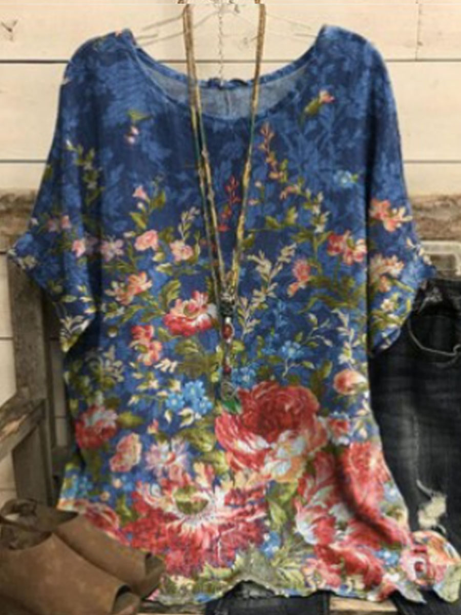 Round Neck Casual Loose Floral Print Short Sleeve Blouse