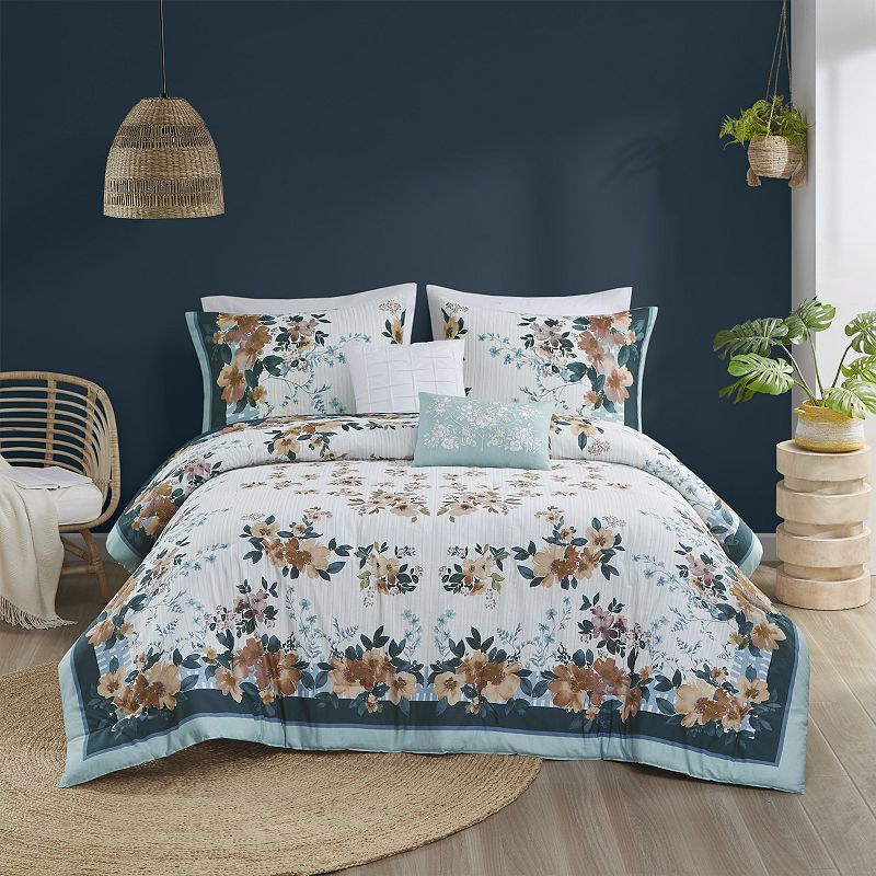 Madison Park Alaina 5-Piece Floral Cotton Comforter Set with Throw Pillows