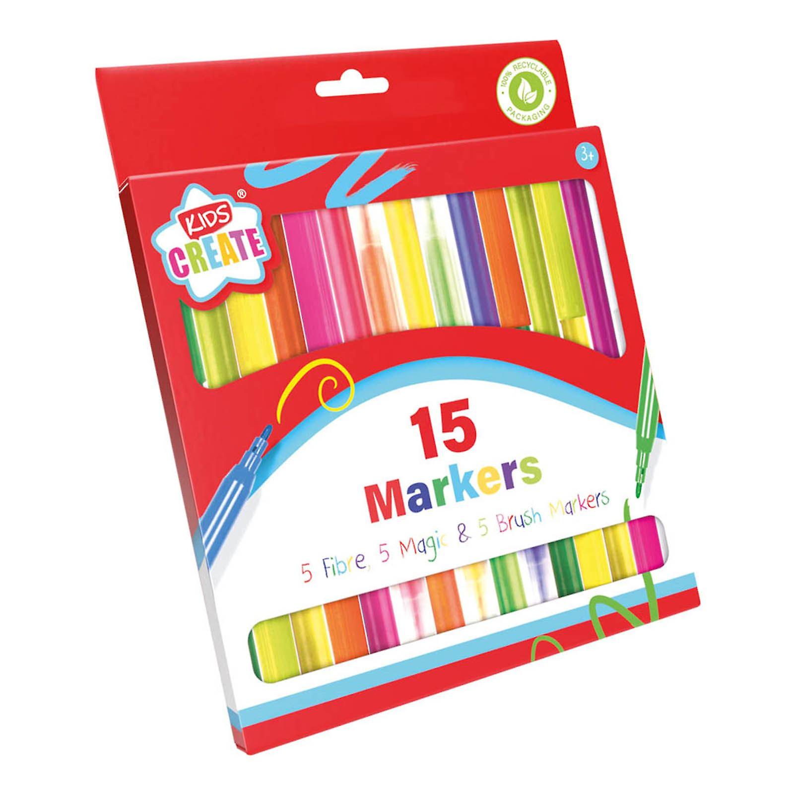 Kids Create Pack 15 Various Style Markers Assorted Colours Fibre Brush Magic 3+