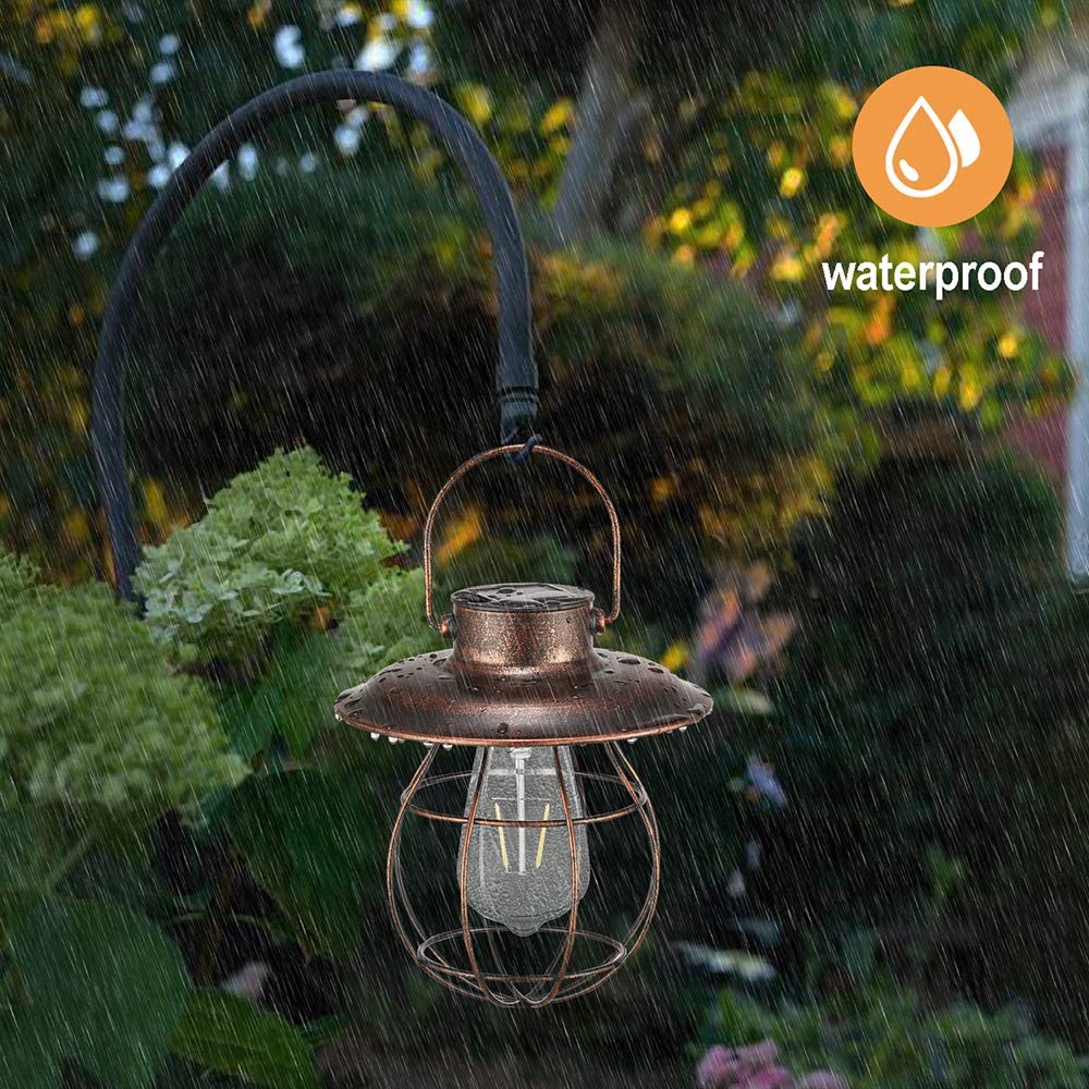 Solar Lantern Metal Hanging Solar Lights Retro Design with Warm Light Edison Bulb for Patio Garden