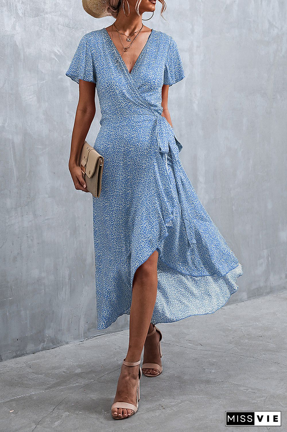 Floral Print V Neck Short Sleeve Dress Wholesale