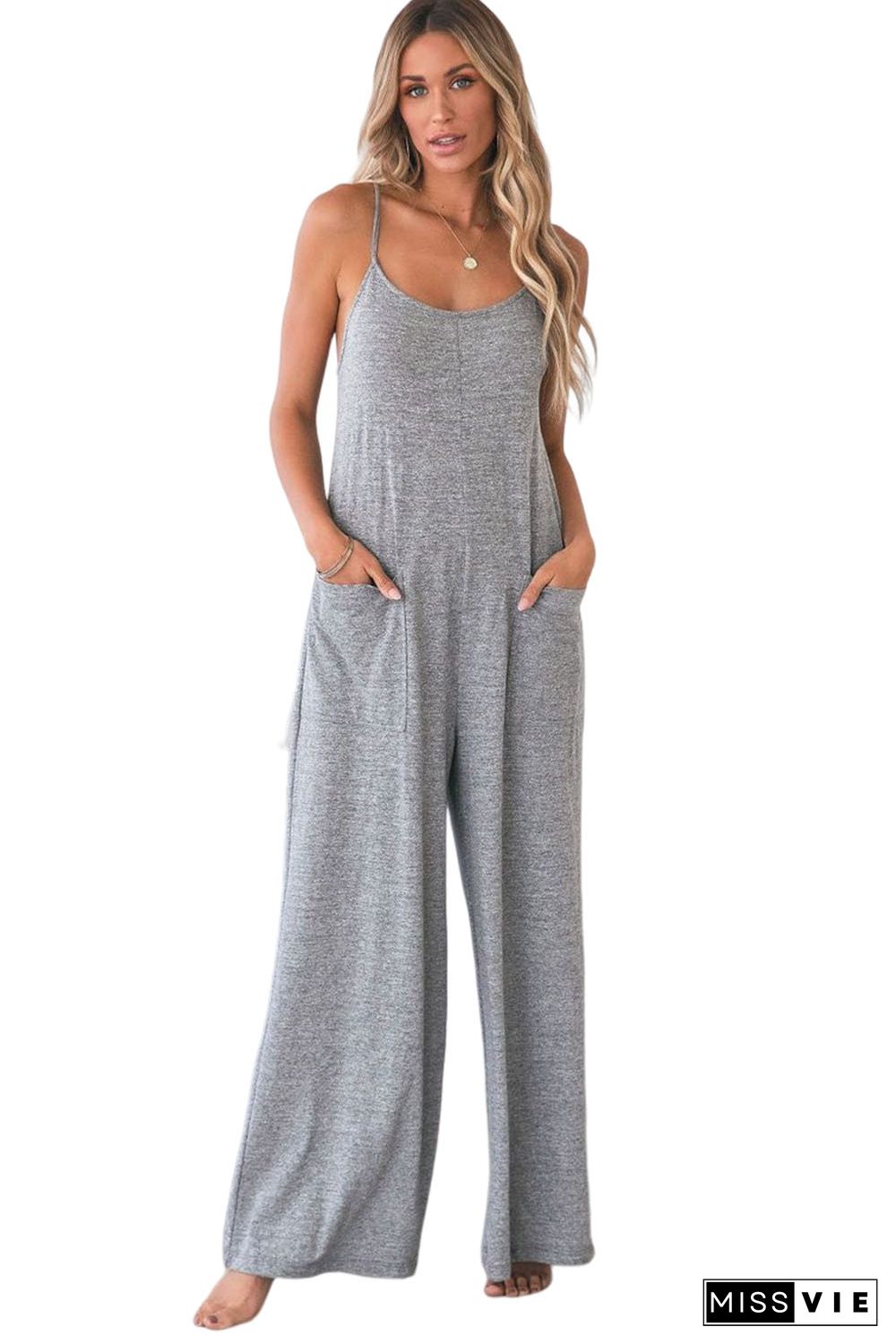 Gray Loose Fit Side Pockets Spaghetti Strap Wide Leg Jumpsuit