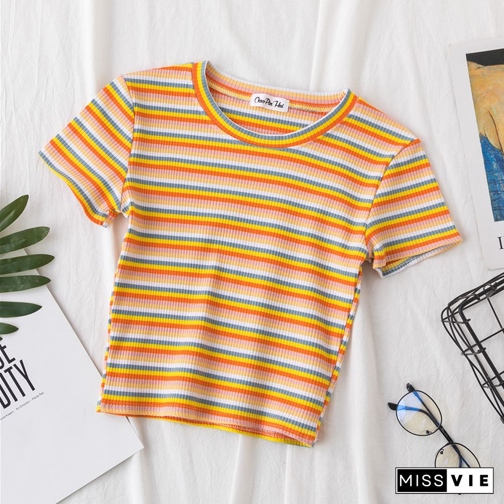 New T Shirt Women Rainbow Striped Tops Slim Fit T Shirt Harajuku Tshirt Summer Short Sleeve Korean T-shirt Feminina Clothes Tops