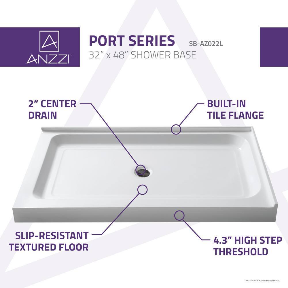 ANZZI Port 36 in x 48 in Double Threshold Shower Base in White