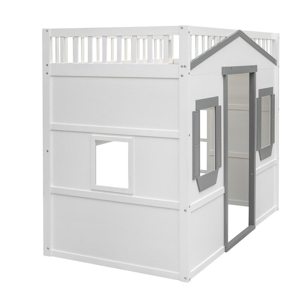 House Loft Bed Twin Kids Playhouse Bed  Solid Wood Loft Bed Frame with Window and Ladder  for Girls Boys  White+Grey