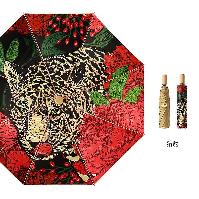 Luxury Leopard Titanium Double Sunscreen Umbrella Folding Retro Color Glue Summer Ladies Sunshade Uv Protection Sun Umbrella