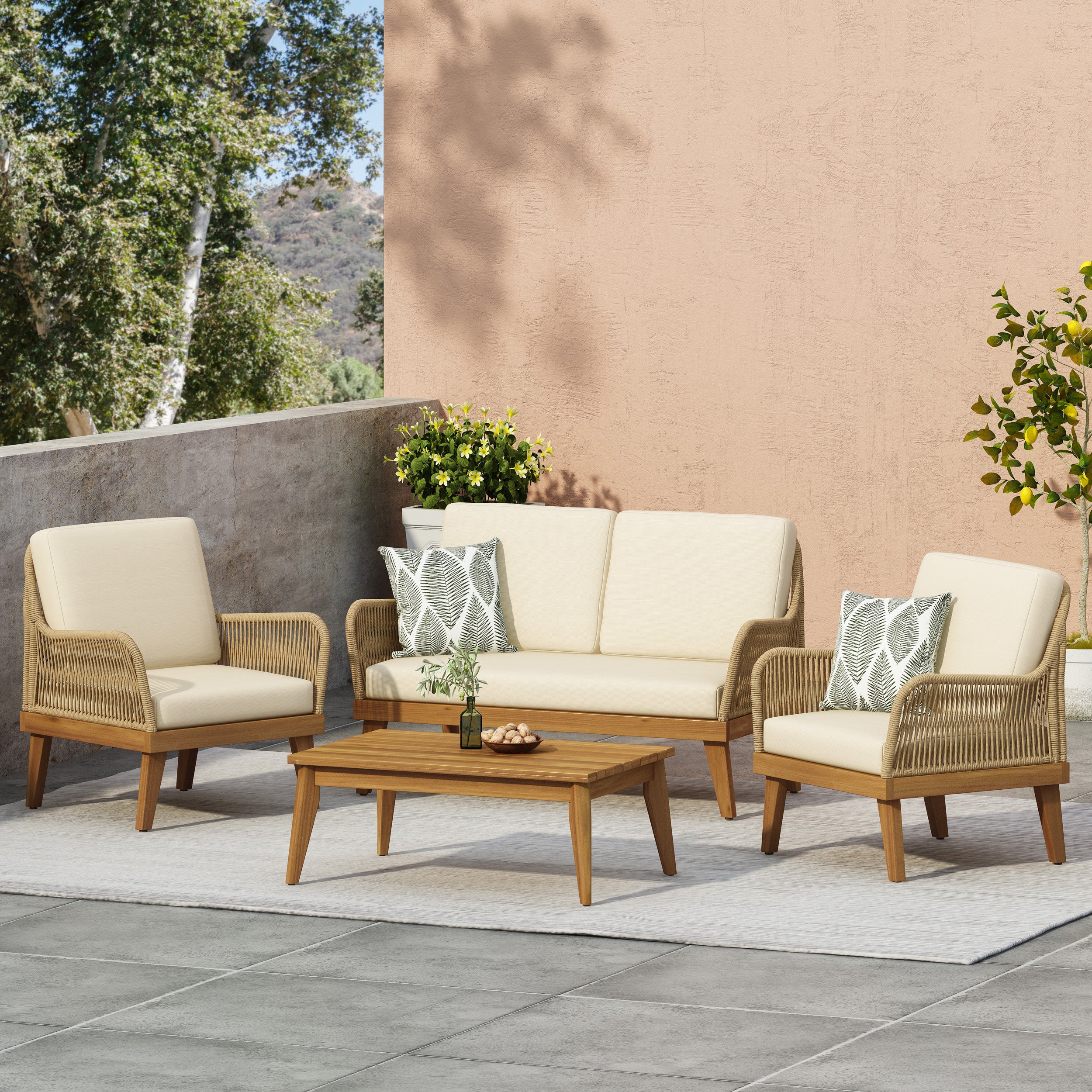 Hueber Outdoor Acacia Wood Chat Set with Cushion, Teak, Light Brown, and Beige