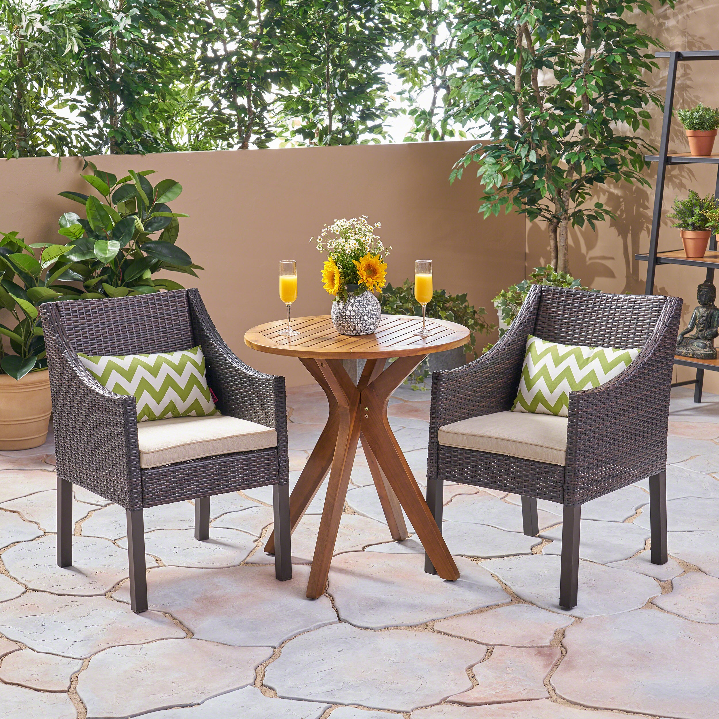 Dye Outdoor 3 Piece Acacia Wood and Wicker Bistro Set