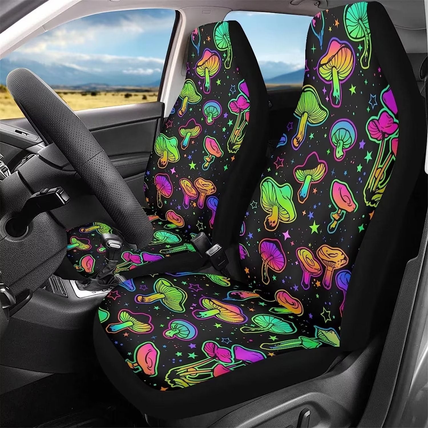 NETILGEN Bling Hippie Aesthetic Mushrooms Car Cover Set Stretchy Saddle Blanket Interior Protector 2 Pack Set Soft Car Seat Covers Full Set Decoration Fit SUV Van Sedans