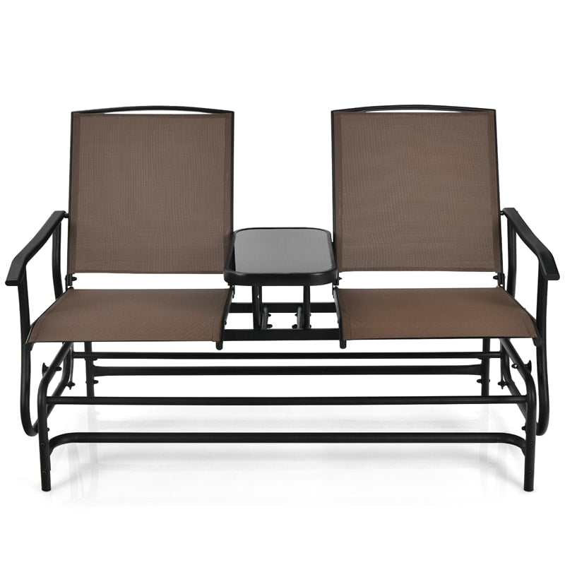 Outdoor 2-Person Rocking Loveseat Patio Bench Glider Chair with Center Tempered Glass Table