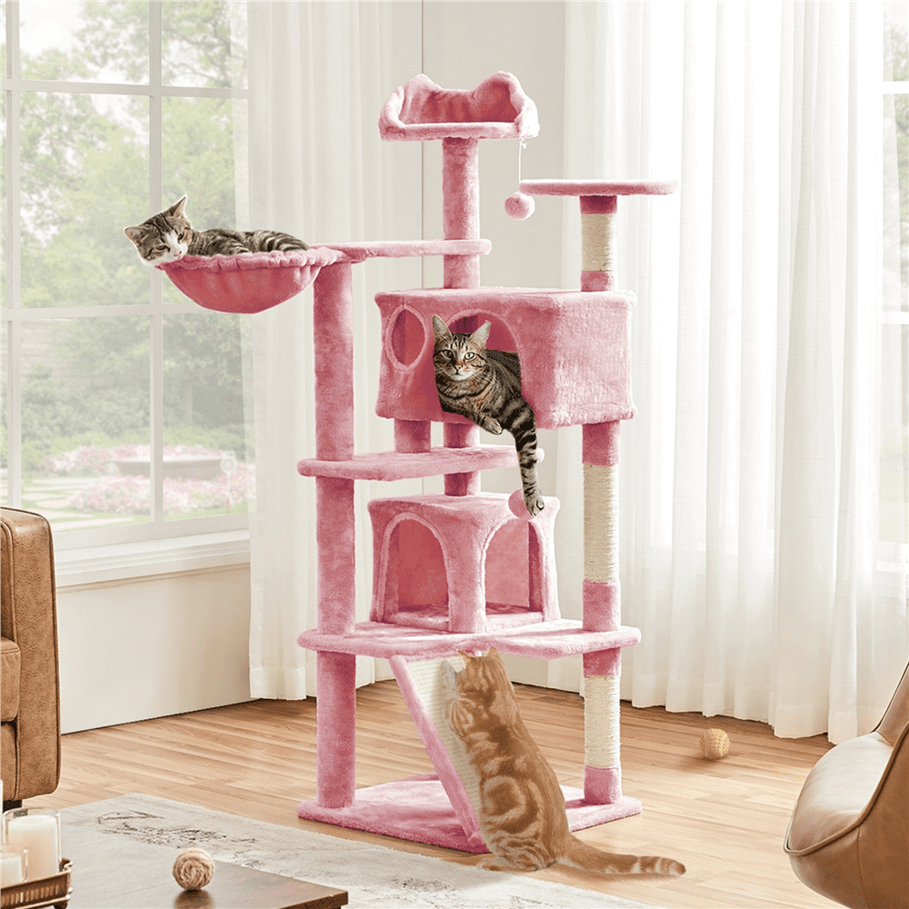 SMILE MART 57''H Multilevel Cat Tree Condo Tower with 2 Condos and Fur Ball and Round Platform and Ladder， Pink