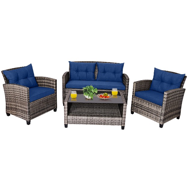 Costway 4 Pcs 8pcs Patio Rattan Furniture Set Coffee Table Cushioned Sofa Garden Lawn Navy