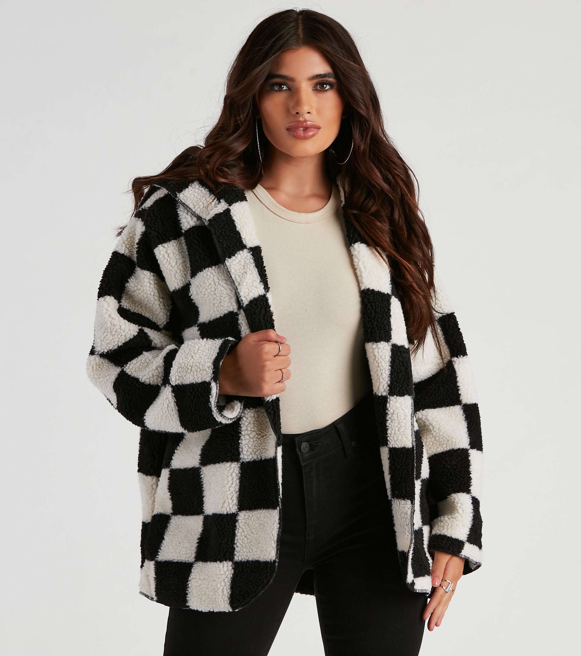 Cute In Checkered Faux Sherpa Jacket