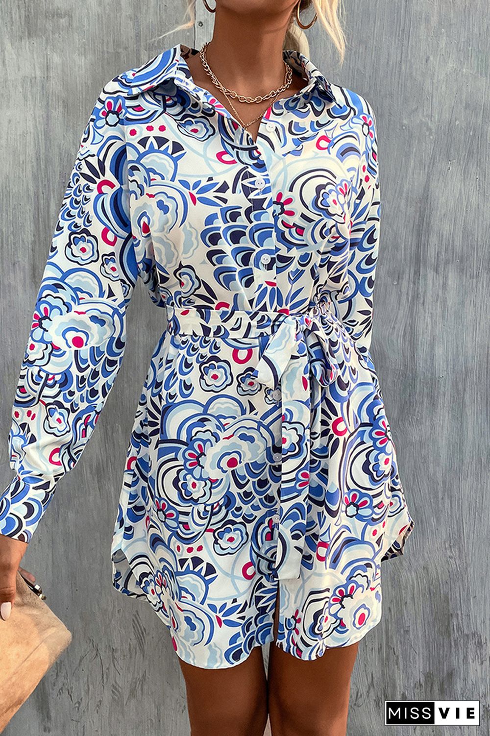 Blue Printed Front Open Button Waist Tie Long Sleeves Dress