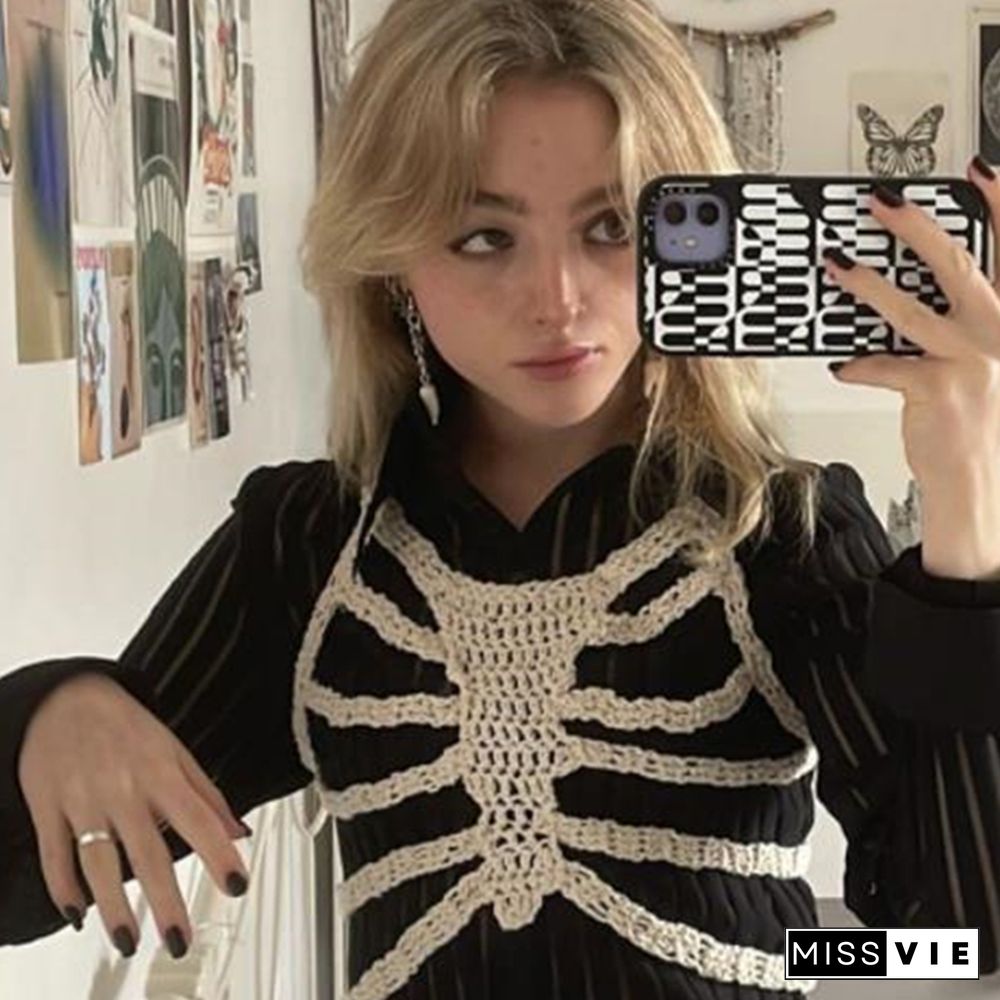 Skeleton Corset Crop Tops Y2K Gothic Clothes Crochet Hollow Out Tanks Women Summer Tee 2000S Aesthetic T Shirt Ropa Gotica Mujer