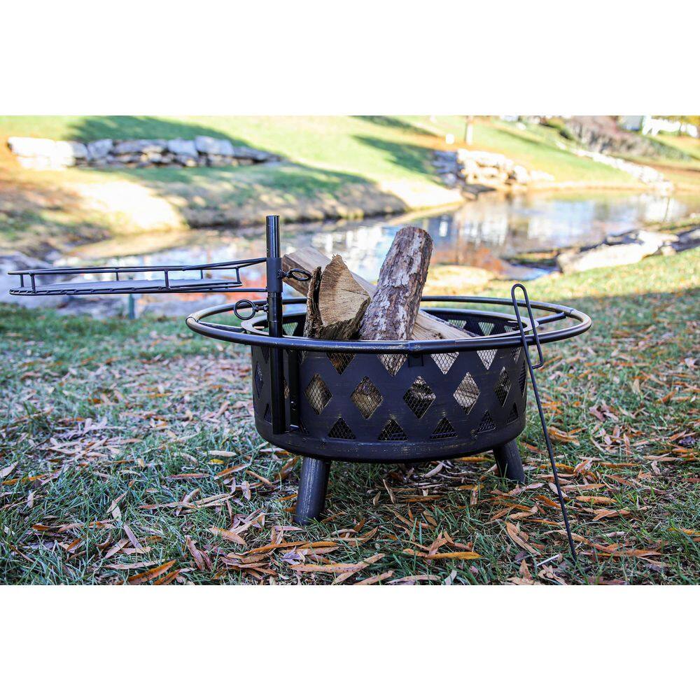 BLUEGRASS LIVING 30 in. Roadhouse Steel Deep Bowl Fire Pit with Swivel Height Adjustable Cooking Grid BFPW30RH