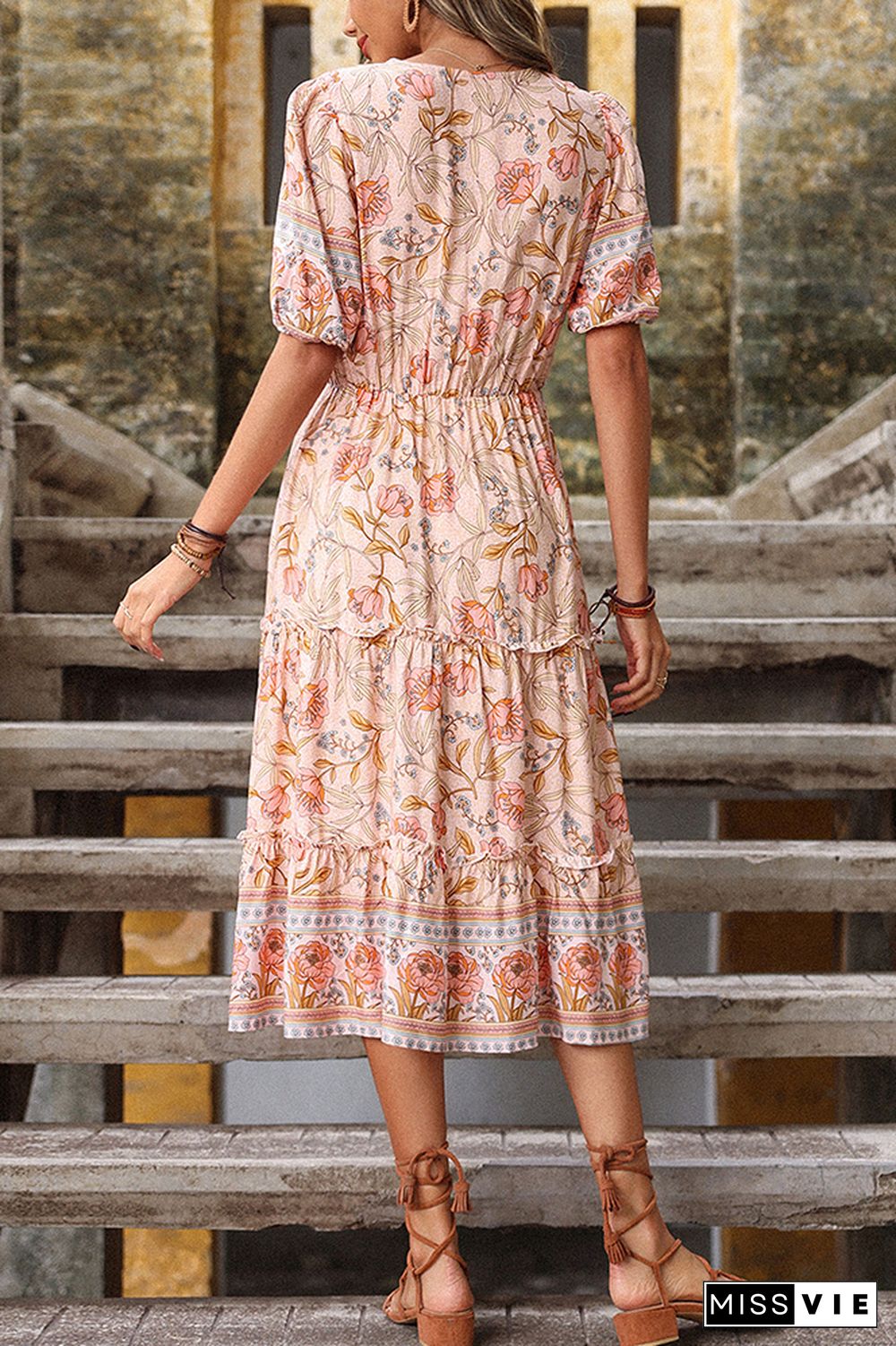 Floral Print V-neck Short Sleeve Waisted Long Dress Wholesale