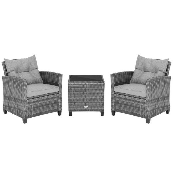 3Piece Outdoor Wicker Patio Furniture Set with Tempered Glass Coffee Table