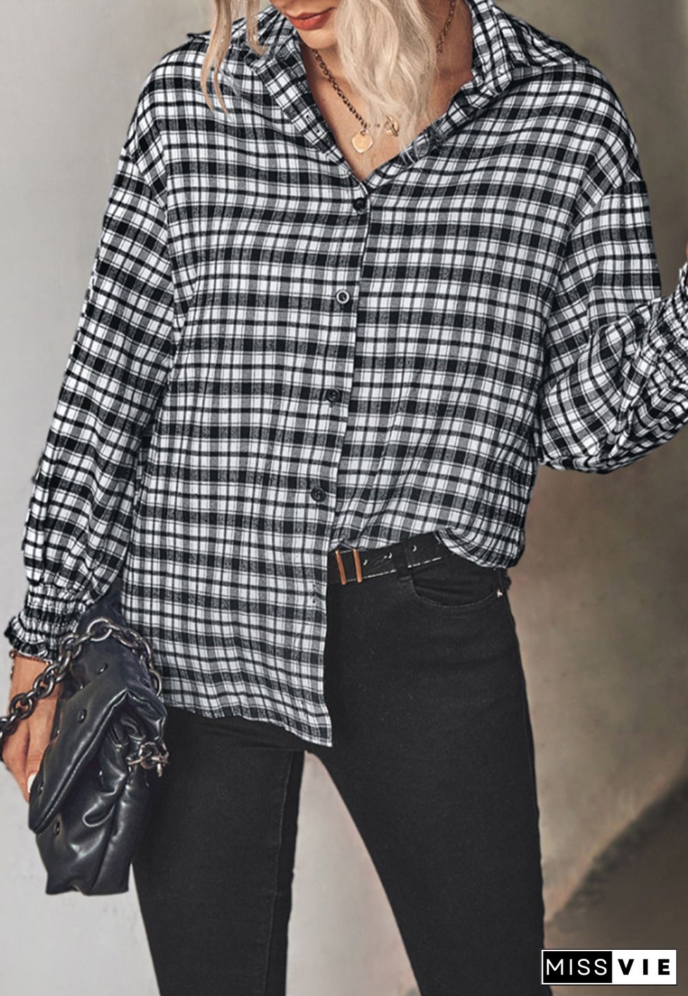 Checkered Print Shirred Cuff Blouse