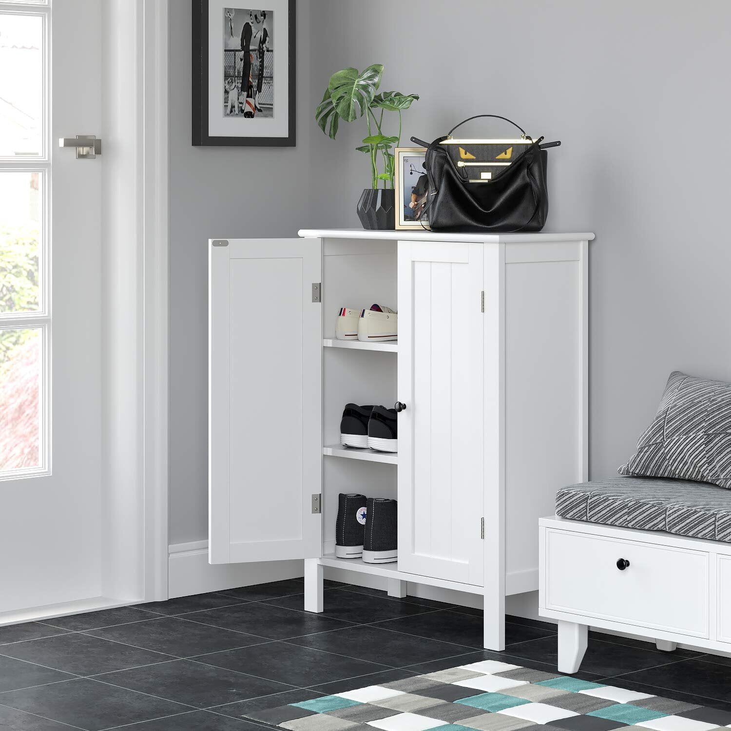 Homfa Bathroom Storage Floor Cabinet, Freestanding White Cabinet with Doors and Shelves