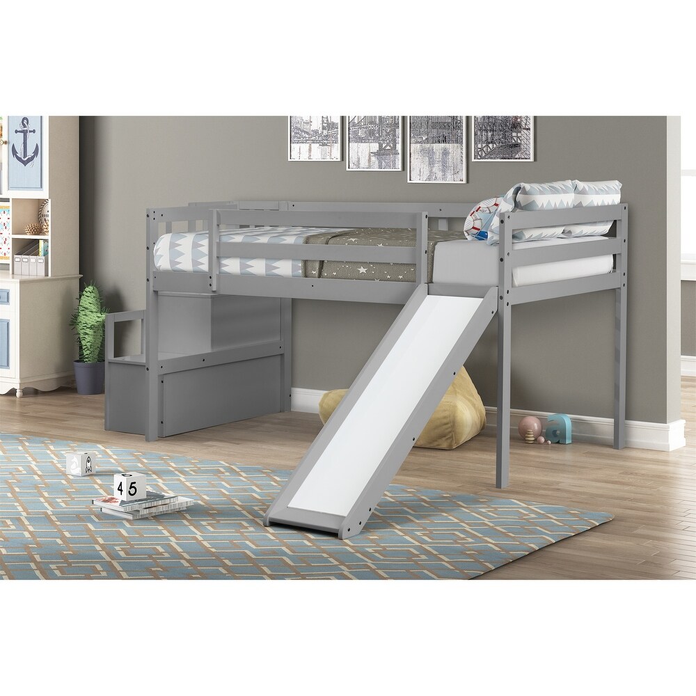 Loft Bed with Slide   Storage Space for Kids  Twin Bed Bedroom  Grey