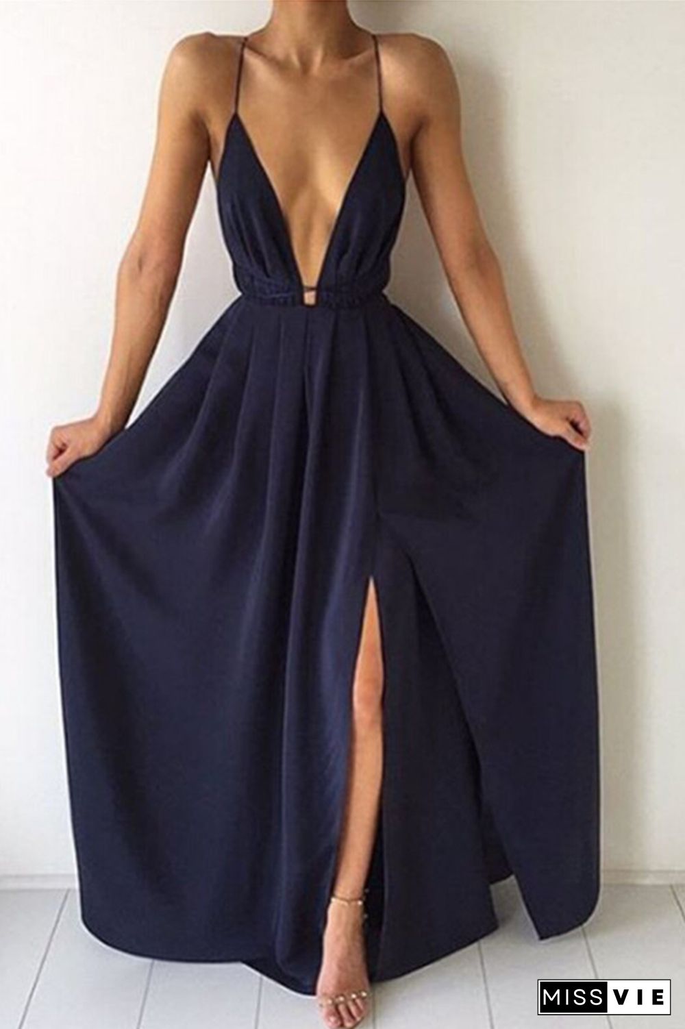 Casual Solid Split Joint V Neck Waist Skirt Dresses