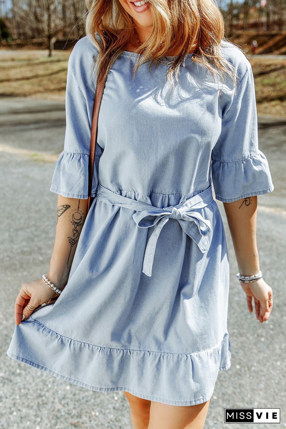 Sky Blue Ruffle Trim Half Sleeve Belted Denim Dress