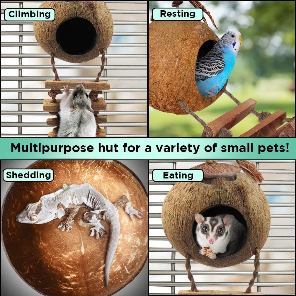 SunGrow Hermit Crab Coconut Climbing Habitat and Hideaway Cage w/ Ladder， Natural