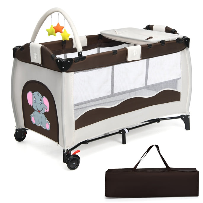 BABY JOY 3 in 1 Pack and Play, Portable Playard with Hanging Toys, 2 Lockable Wheels Diaper Changing Table