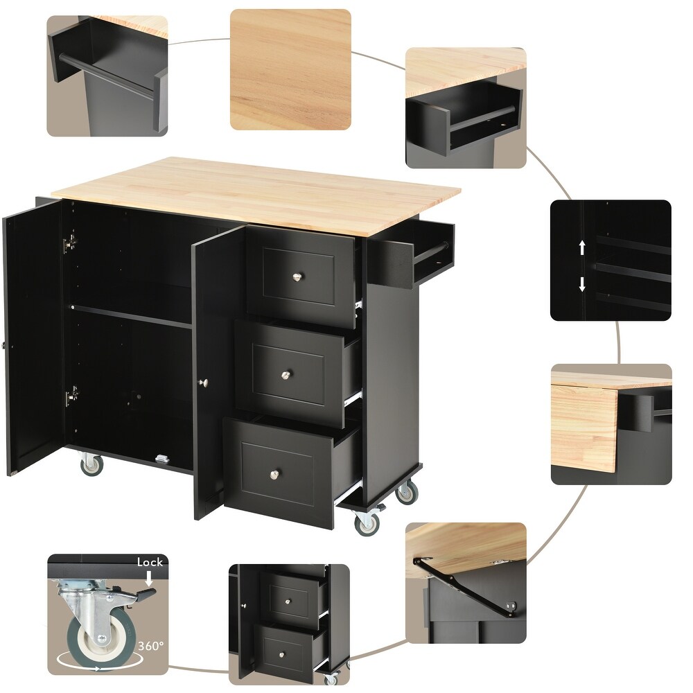 Rolling Mobile Kitchen Island with Drop Leaf   Solid Wood Top  Locking Wheels   Storage Cabinet and 3 Drawers