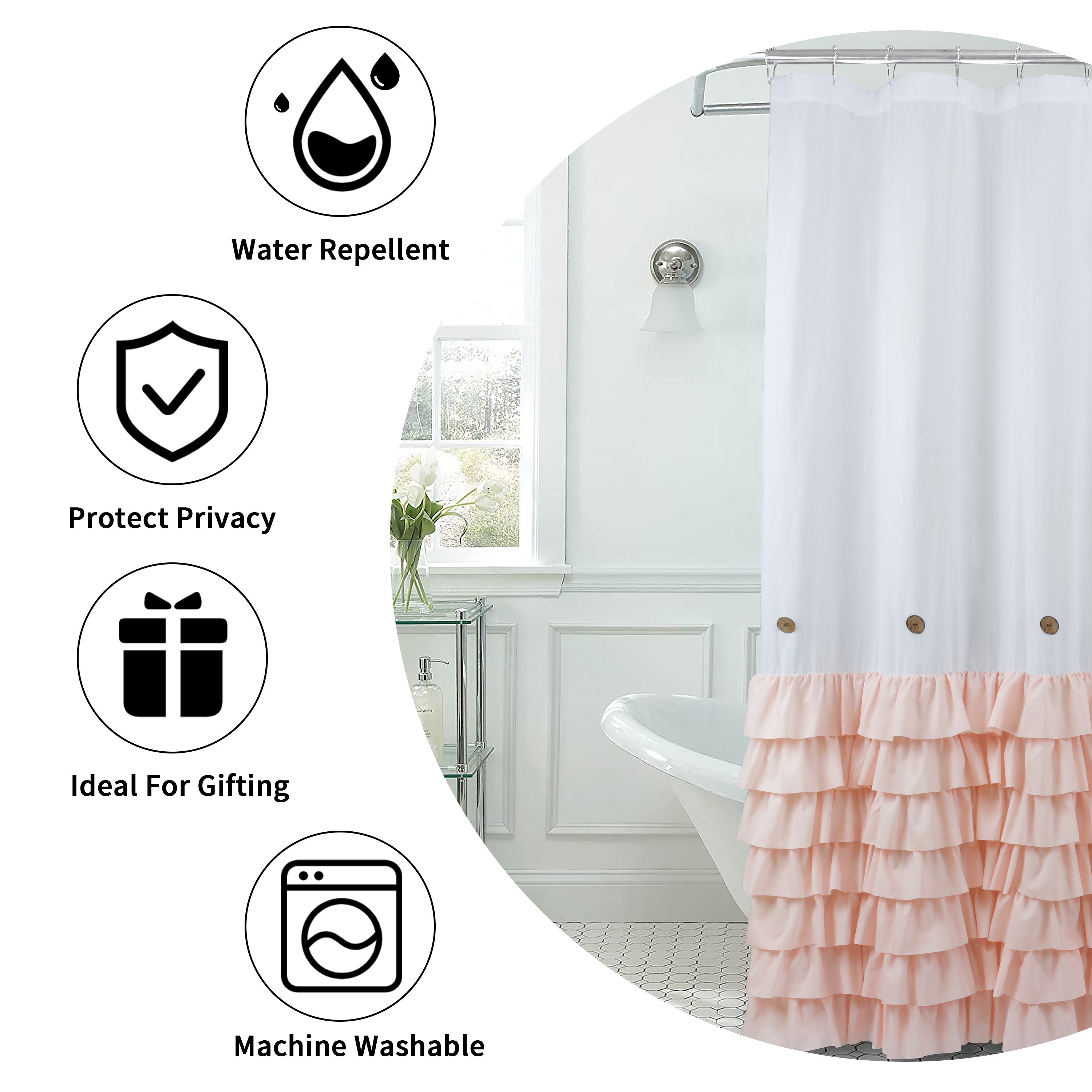 HIG Farmhouse Shower Curtain with PEVA Liner Bathroom Curtain with Buttons Decor, 72