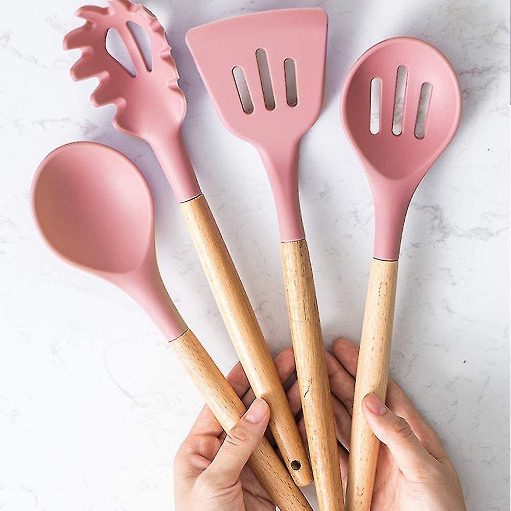 12 Pack Silicone Kitchen Utensil Set With Natural Wooden Handles For Home， House， Apartments